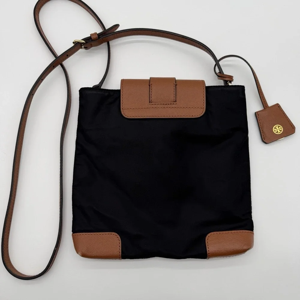 Tory Burch Penn Black Nylon Leather Crossbody With Logo Tag Gold Tone Hardware